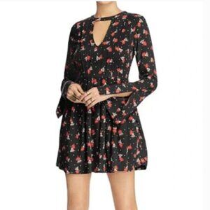 Free People Tegan Mini Dress Black Poppy Floral Keyhole Choker Bell Long Sleeve